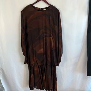 Vintage Lansford II Dress Drop Waist Batwing Sleeves Midi Plus Size 16 Brown Geo